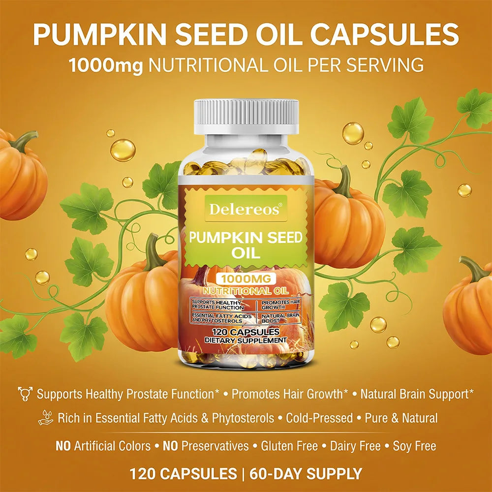 Pumpkin Seed Oil Capsules 1000mg, Supports Prostate, Urinary, Bladder & Hair Health for Men, Cardiovascular Health, Non-GMO