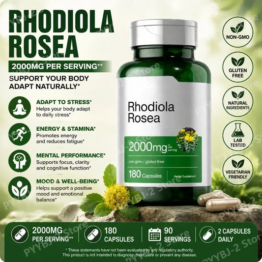 Rhodiola Rosea Capsules 180 Pieces Emotional Relief and Immune Health Support — 2000mg Rhodiola Rosea Root 5:1 Plant Extract