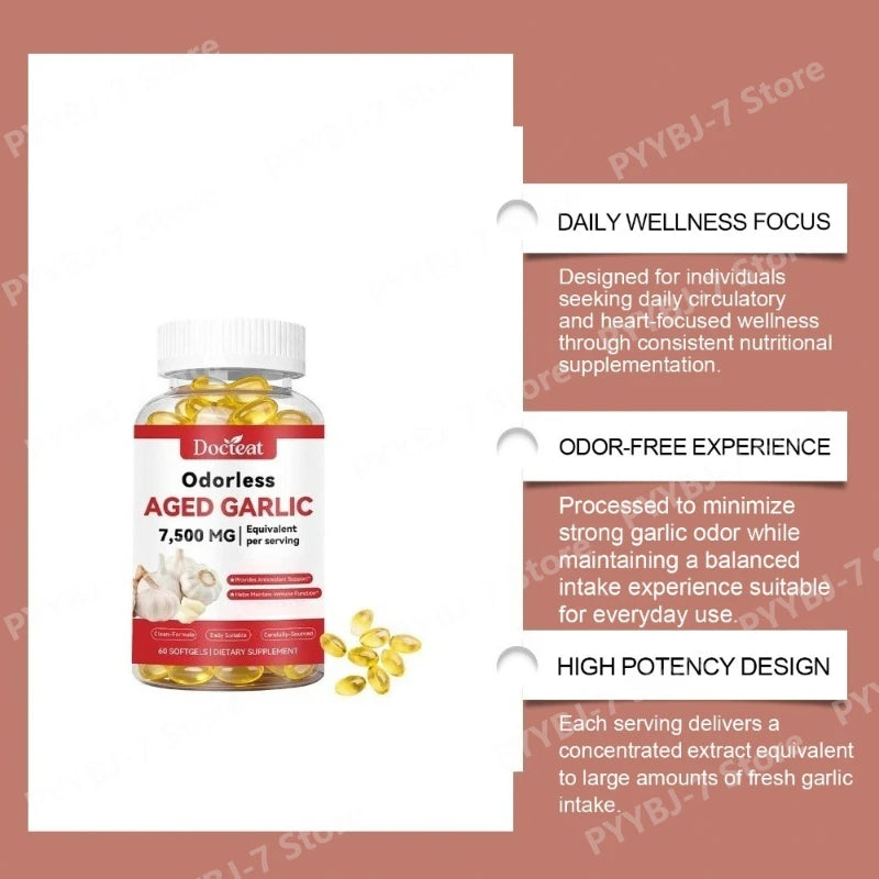 Odorless Aged Garlic Extract 7500mg 60 Softgels, Ajo Envejecido Supplement, Antioxidant & Immune Support, Daily Garlic Softgels
