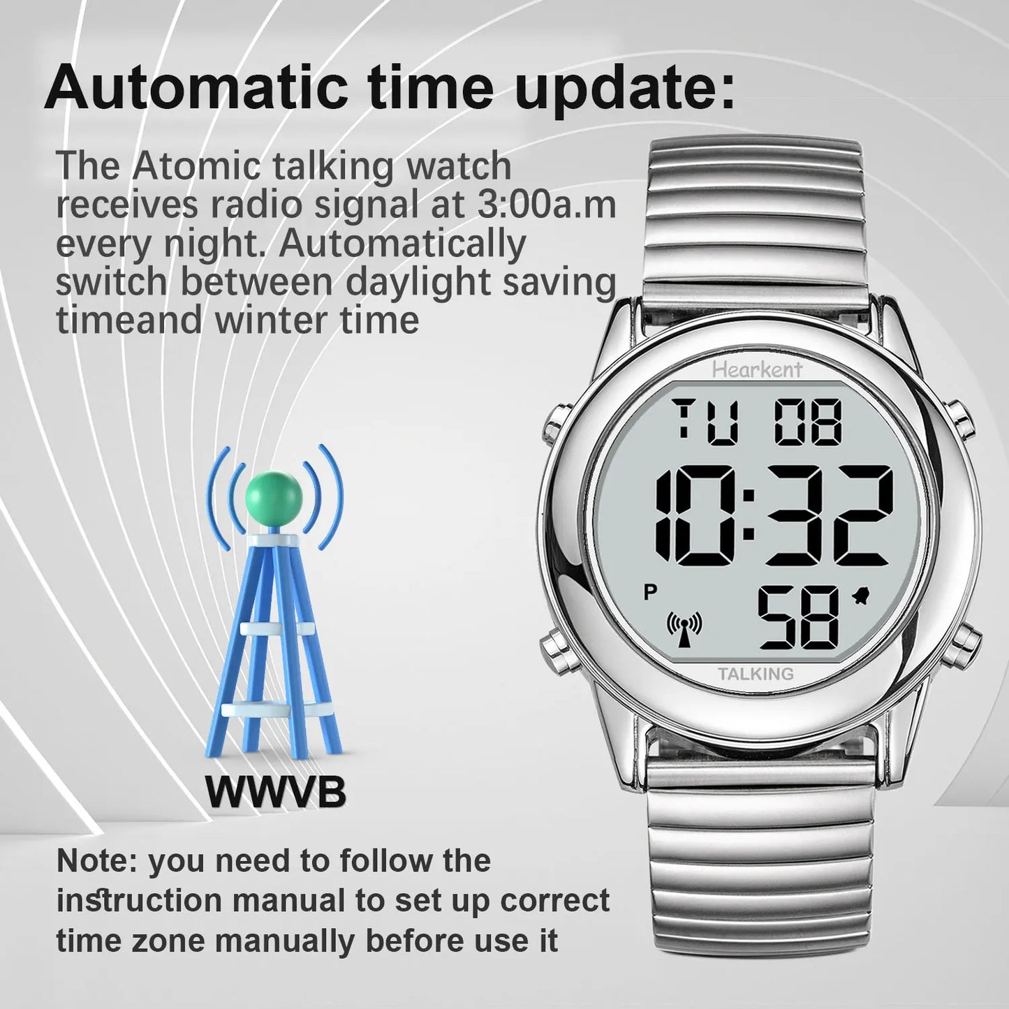 Hearkent Atomic Talking Watch for Blind Elderly Men's Clock Watch with Alarm Radio Controlled Wristwatch English/Spanish/German