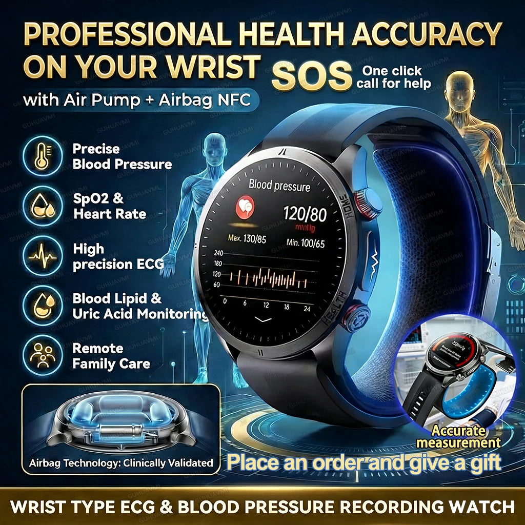 New Health Smart Watch Airbag Blood Pressure ECG+PPG AI Diagnosis Blood Lipid Uric Acid SOS Remote Care Smartwatch For Men Women