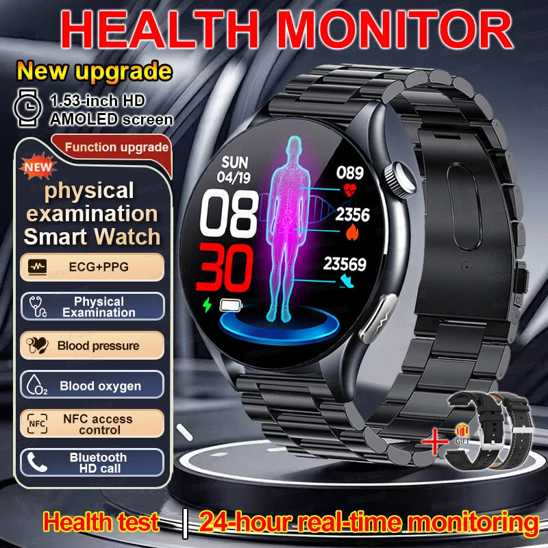 New Smart Watch for Men 1.43 inch Amoeld Screen Physical Examination Blood oxygen Pressure Fat Call Health ECG+PPG Smartwatch