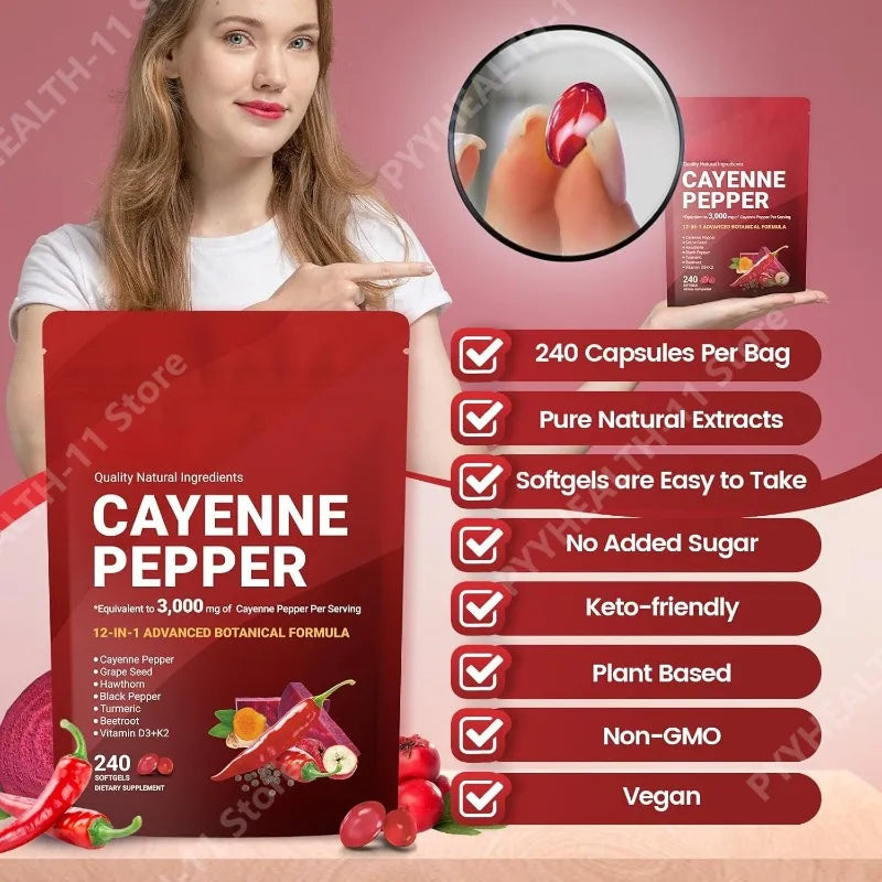Cayenne Pepper Softgels Supplement with Grape Seed Beetroot Turmeric Vitamins D3 K2 Herbal Supports Leg Vein Blood Vessel Health