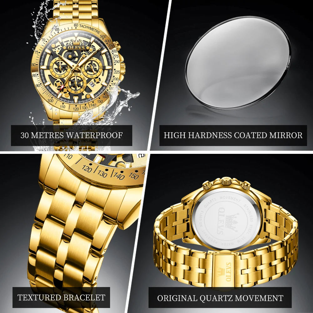 OLEVS Luxury Skeleton Chronograph Stainless Steel Watch