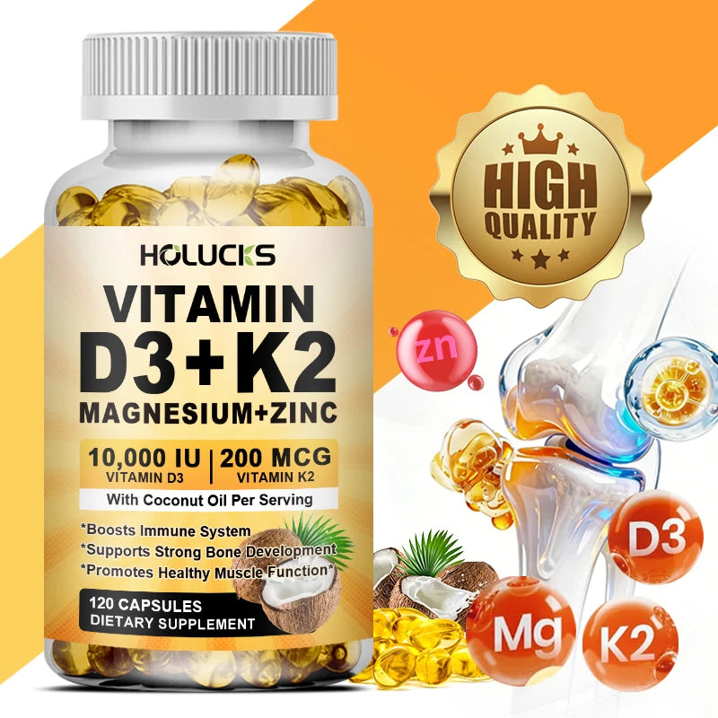 Vitamin D3 K2 Magnesium Zinc Complex, with Coconut Oil Support Nerve, Muscle, Heart, Bone and Dental Health, for Immune System