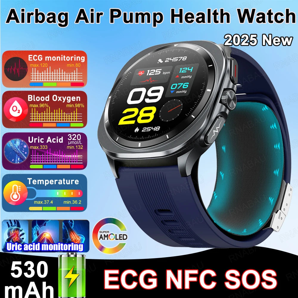 2025 New Airbag Smart Watch men True Blood Pressure air Pump Uric Acid Blood Lipids health watch Bluetooth call watch waterproof
