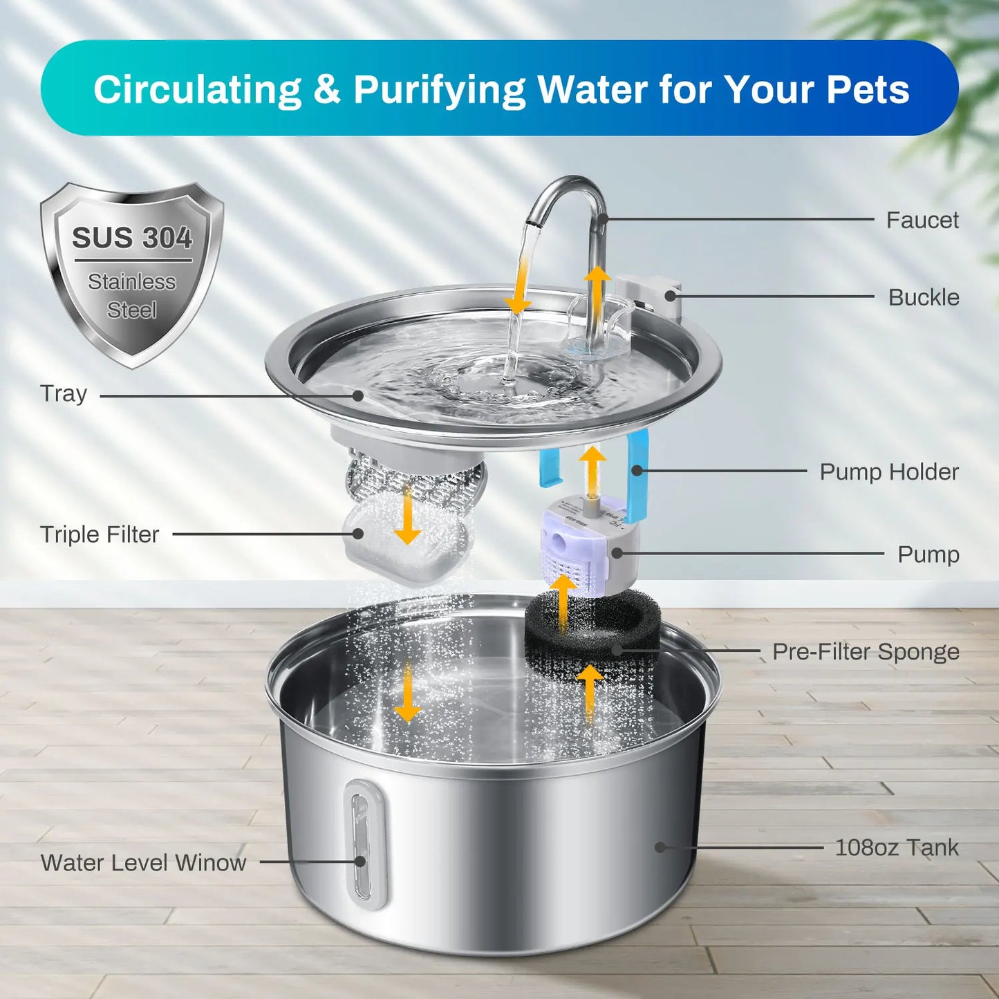 Cat Stainless Steel Water Fountain With Quiet Pump Filtration