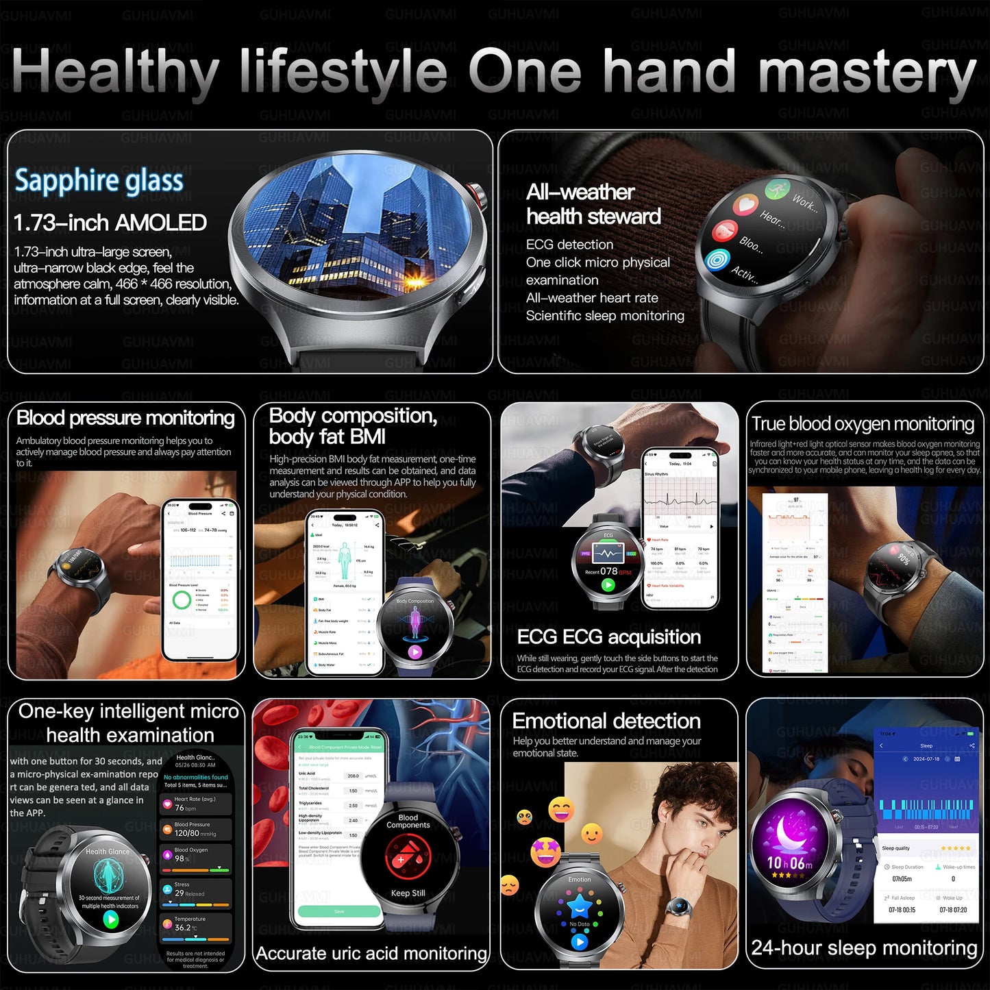 Smart Watch ECG Blood Oxygen BP Health Tracking Sapphire Screen