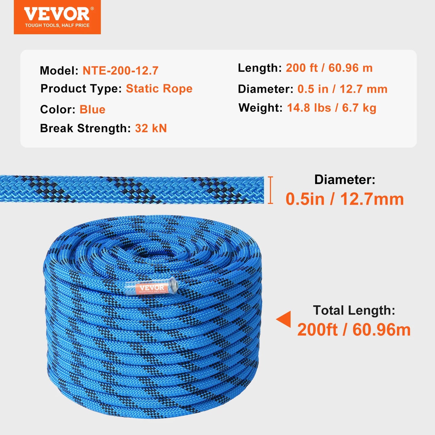 VEVOR 12.7mm Static Climbing Rope 30kN Breaking Strength