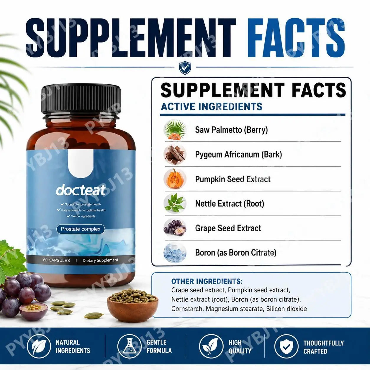 Docteat Prostate Complex Capsules Support Prostate Health and Urine Flow with Herbal Saw Palmetto and Pygeum, 60 Capsules