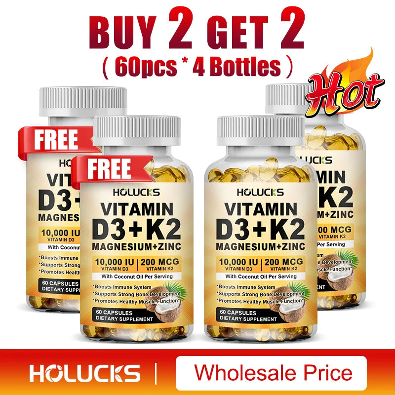 Vitamin D3 K2 Magnesium Zinc Complex, with Coconut Oil Support Nerve, Muscle, Heart, Bone and Dental Health, for Immune System