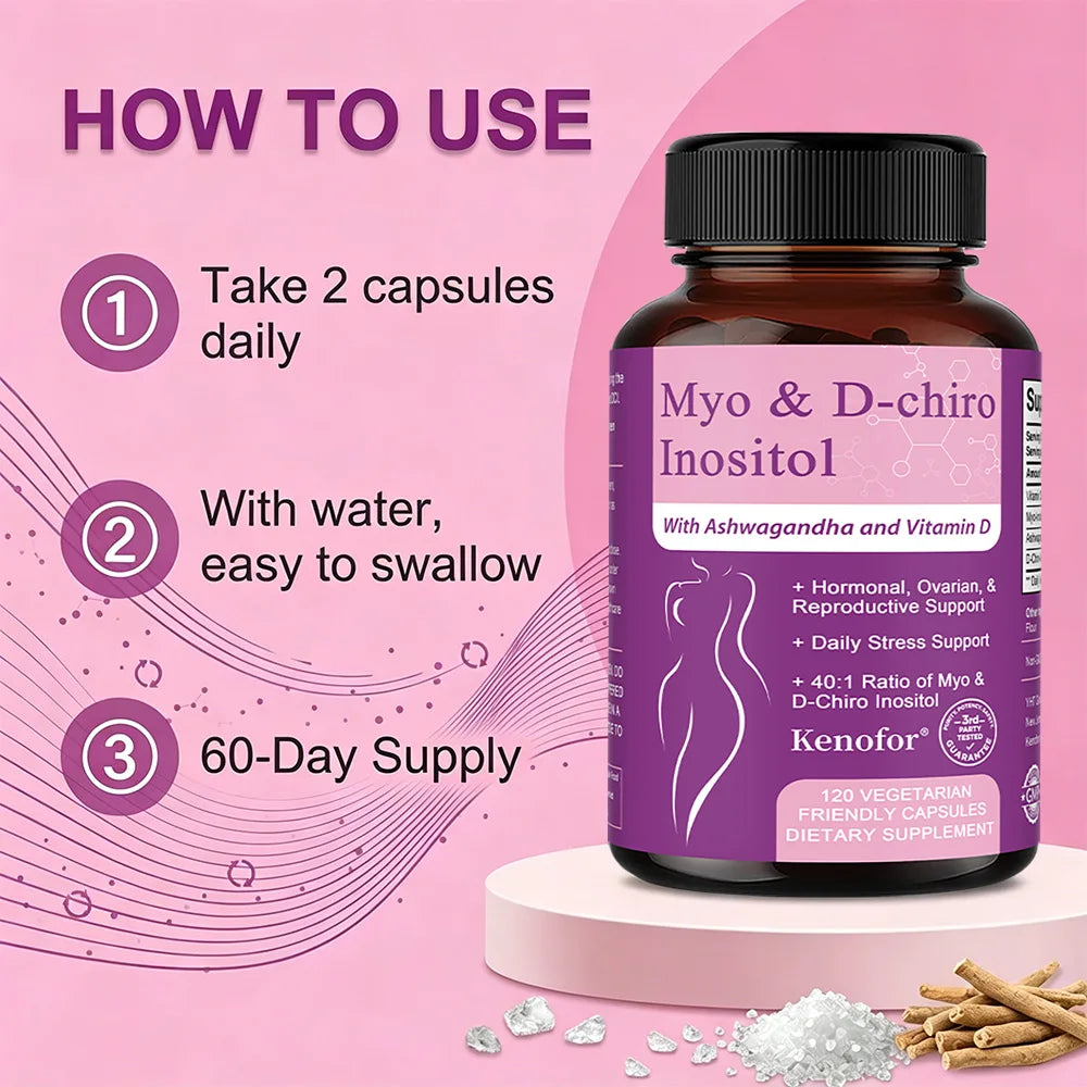Inositol & Ashwagandha Capsules, Myo-Inositol with Vitamin D3, Ovarian & Hormone Balance, Nerve Health & Blood Sugar Support