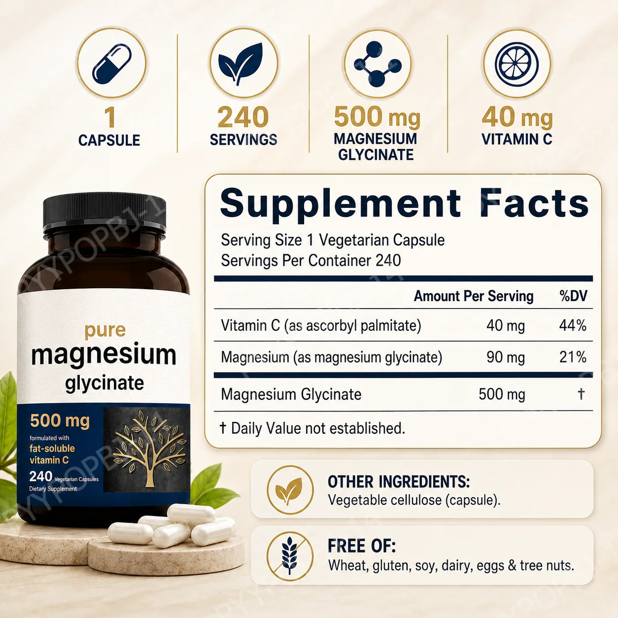 Pure Magnesium Glycinate 500mg Capsules with Vitamin C Supports Relaxation Muscle Nerve Health Bone Support 240 Capsules