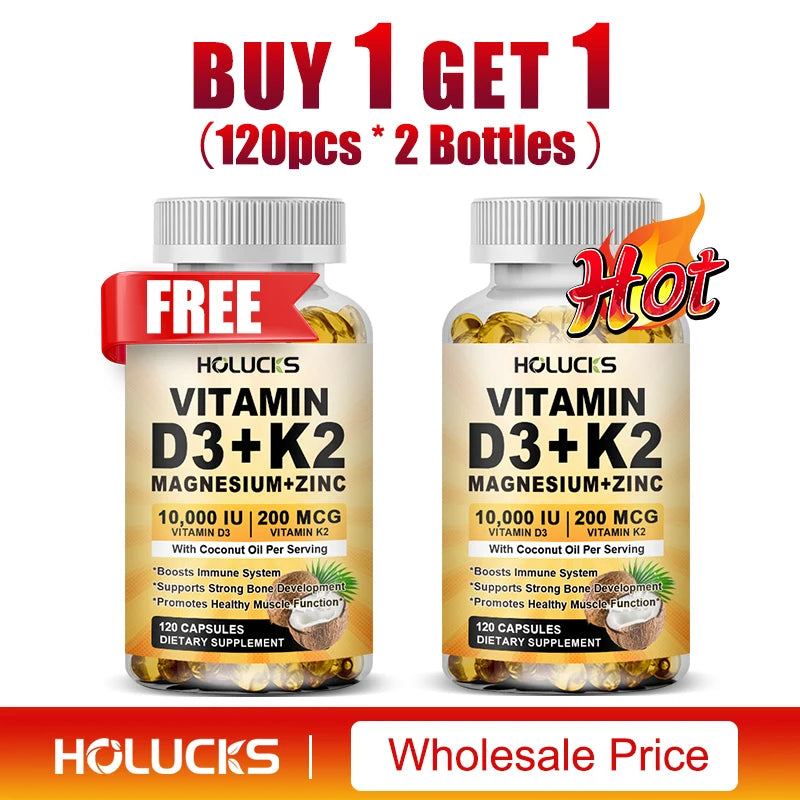 Vitamin D3 K2 Magnesium Zinc Complex, with Coconut Oil Support Nerve, Muscle, Heart, Bone and Dental Health, for Immune System