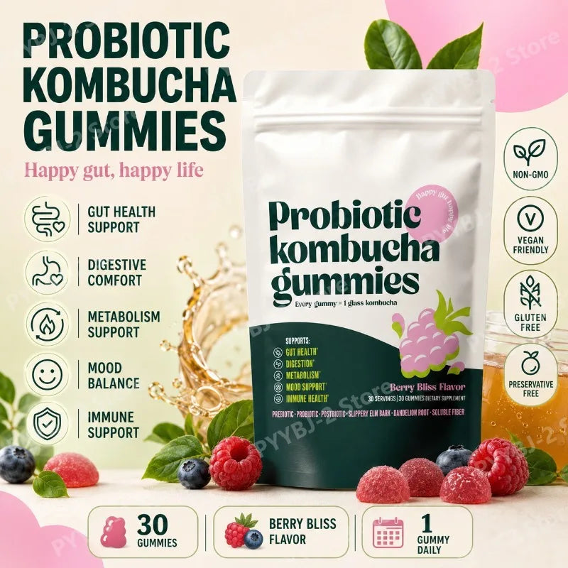 Probiotic Kombucha Gummies Help Digestive Health,Enhance Immunity and Improve Mood — Slippery Elm Bark & Dandelion Root 30 Count