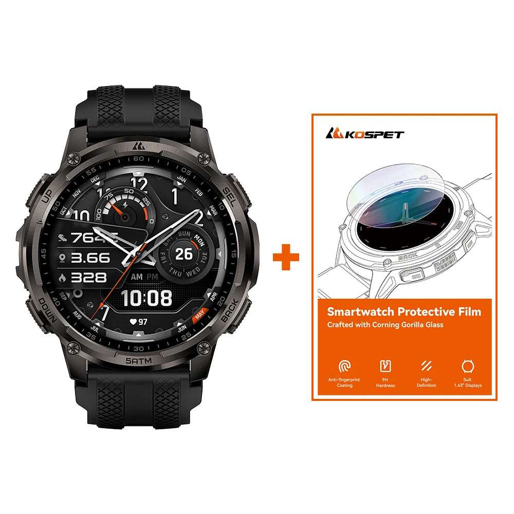 KOSPET TANK T4C Smartwatch Men’s Outdoor Rugged Watch with Flashlight Dual‑Band GPS 50M Waterproof Fitness & Health Tracker