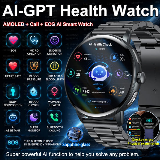 New AI-GPT Health Smart Watch AMOLED ECG Bluetooth Call Uric Acid Blood Lipids One-Click Micro Examination Men Women Smart Watch