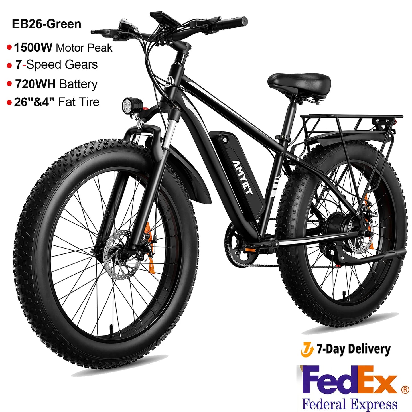 AMYET EB26 Electric Bike 1500W 28mph 720Wh Fat Tire Mountain
