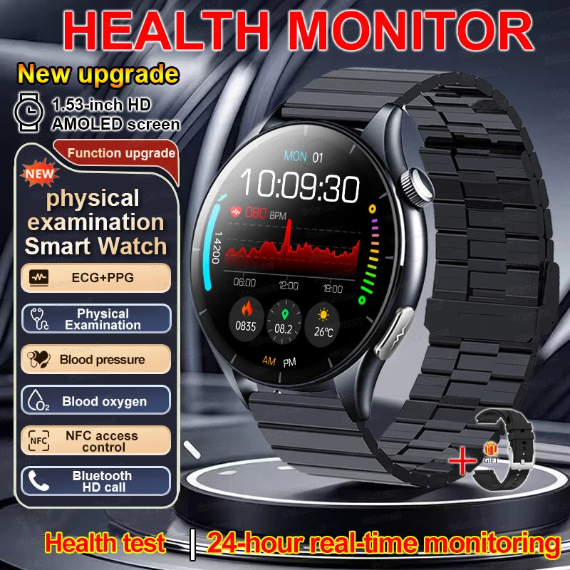 New Smart Watch for Men 1.43 inch Amoeld Screen Physical Examination Blood oxygen Pressure Fat Call Health ECG+PPG Smartwatch