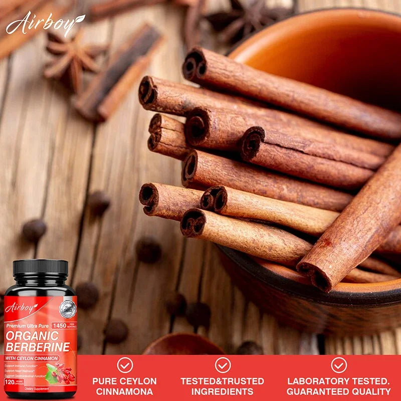 Berberine Capsules - with Ceylon Cinnamon - Blood Sugar Balance, Cardiovascular Health, Aid Digestion, Promote MetabolismSupplem