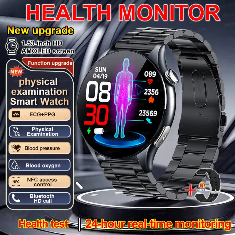 New Smart Watch for Men 1.43 inch Amoeld Screen Physical Examination Blood oxygen Pressure Fat Call Health ECG+PPG Smartwatch