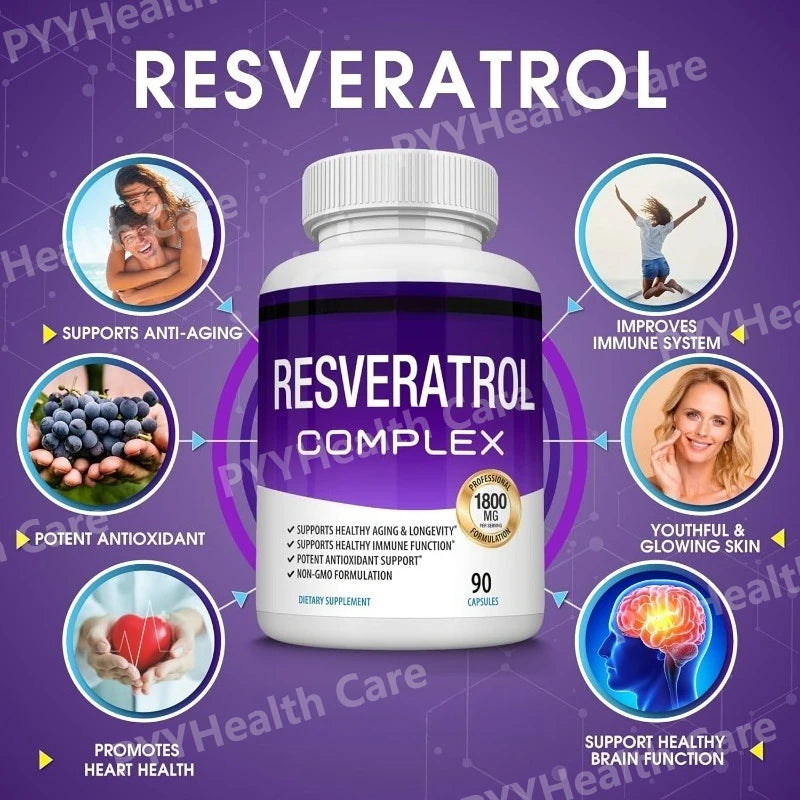 Resveratrol Supplement 1800 Mg Antioxidant Complex for Healthy Aging,Health Support, Immune System, for Men Women, 90 Capsules