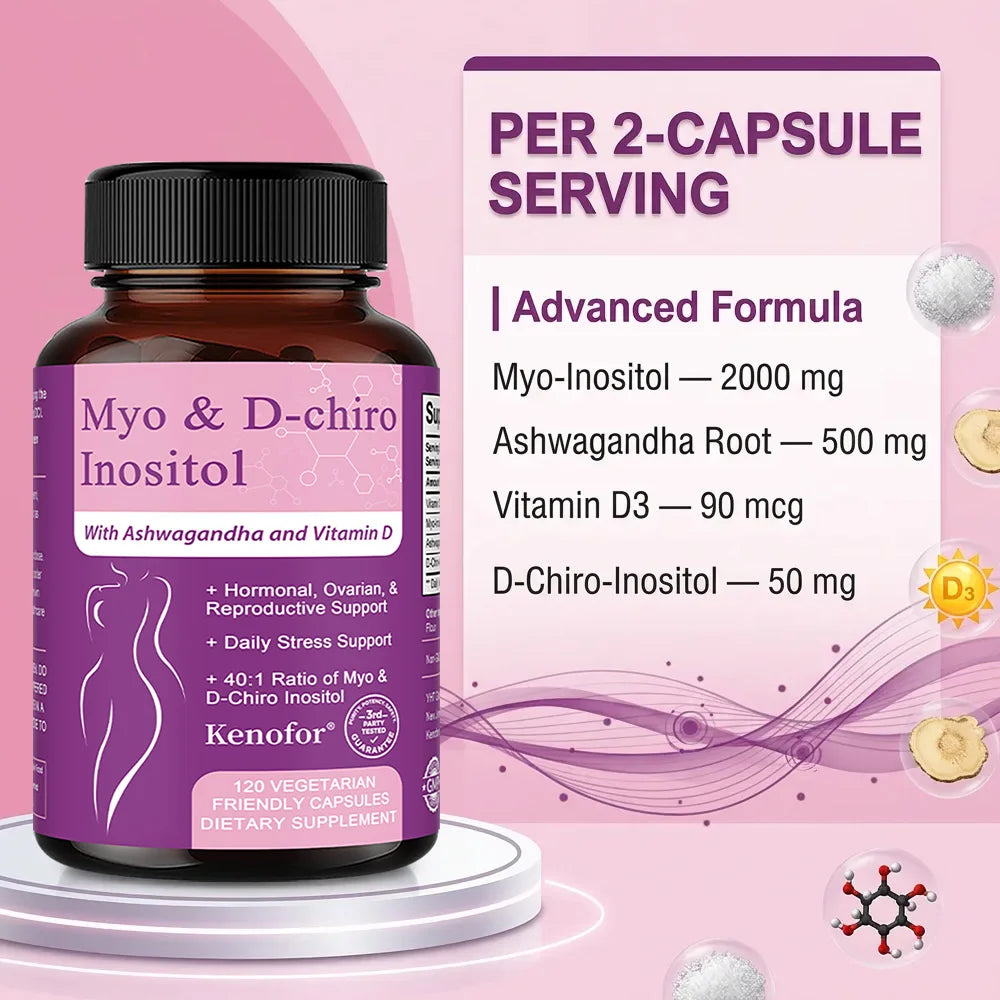 Inositol & Ashwagandha Capsules, Myo-Inositol with Vitamin D3, Ovarian & Hormone Balance, Nerve Health & Blood Sugar Support