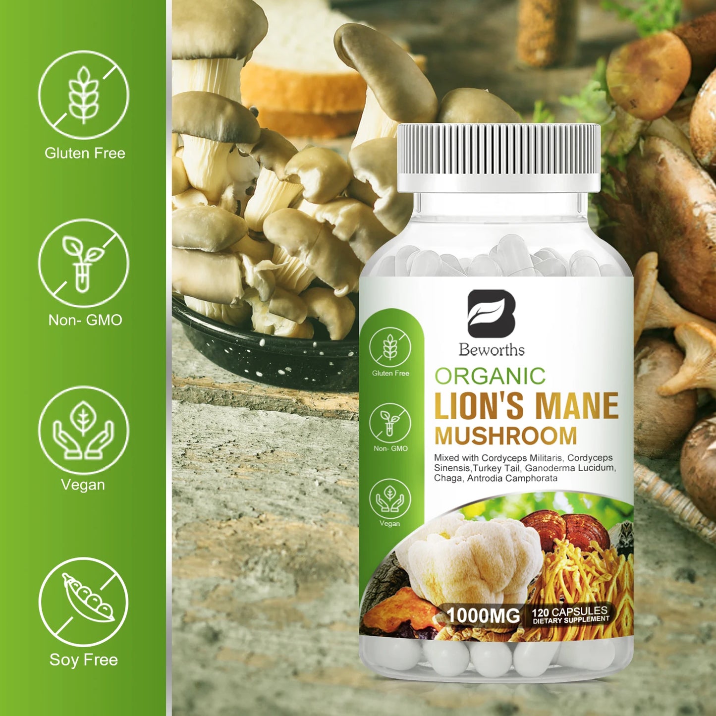 Beworths Lion's Mane Cordyceps Sinensis Mushroom Capsule For Memory Cognition