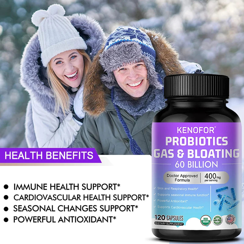 60 Billion CFU Multi-Strain Probiotic Capsules - Prebiotics + Digestive Enzymes, Gut Health & Immune Support, 30/60/120 Counts