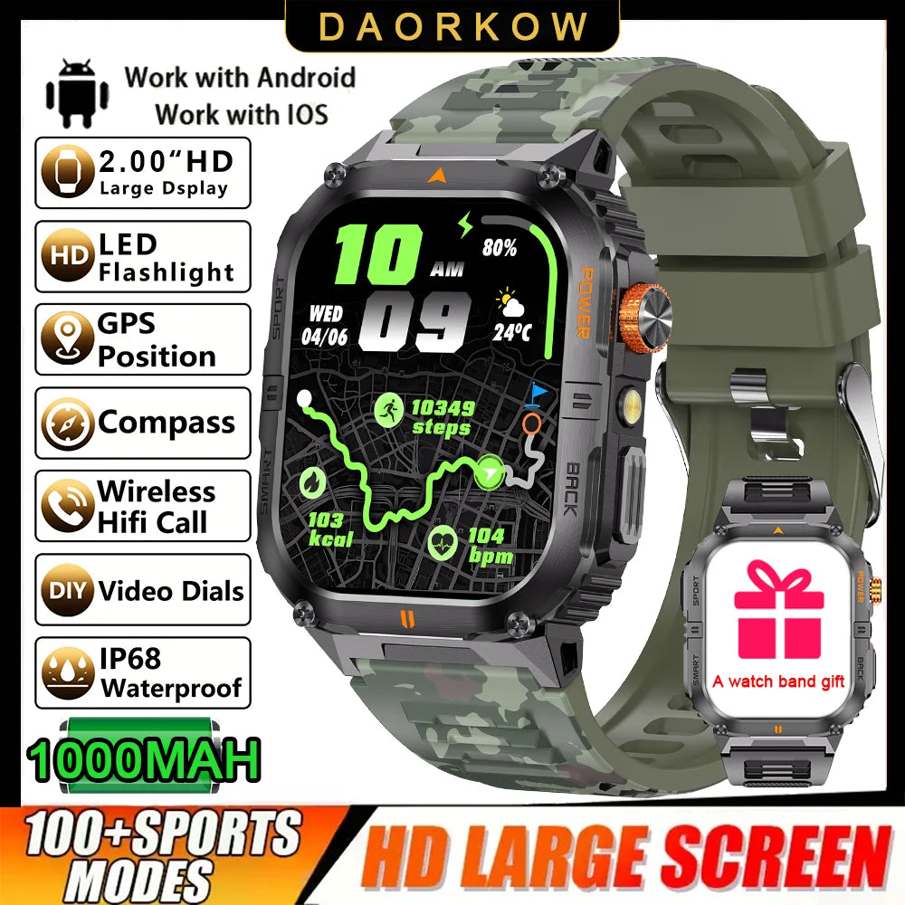 Outdoor Sport Smart Watch 2.00" 3ATM Waterproof LED Flashlight Answer Call 1000mAH Big Battery Health Fitness Tracker Smartwatch