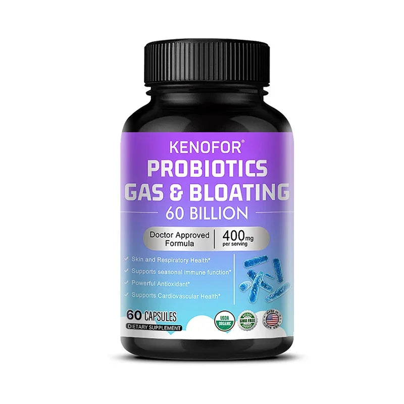 60 Billion CFU Multi-Strain Probiotic Capsules - Prebiotics + Digestive Enzymes, Gut Health & Immune Support, 30/60/120 Counts