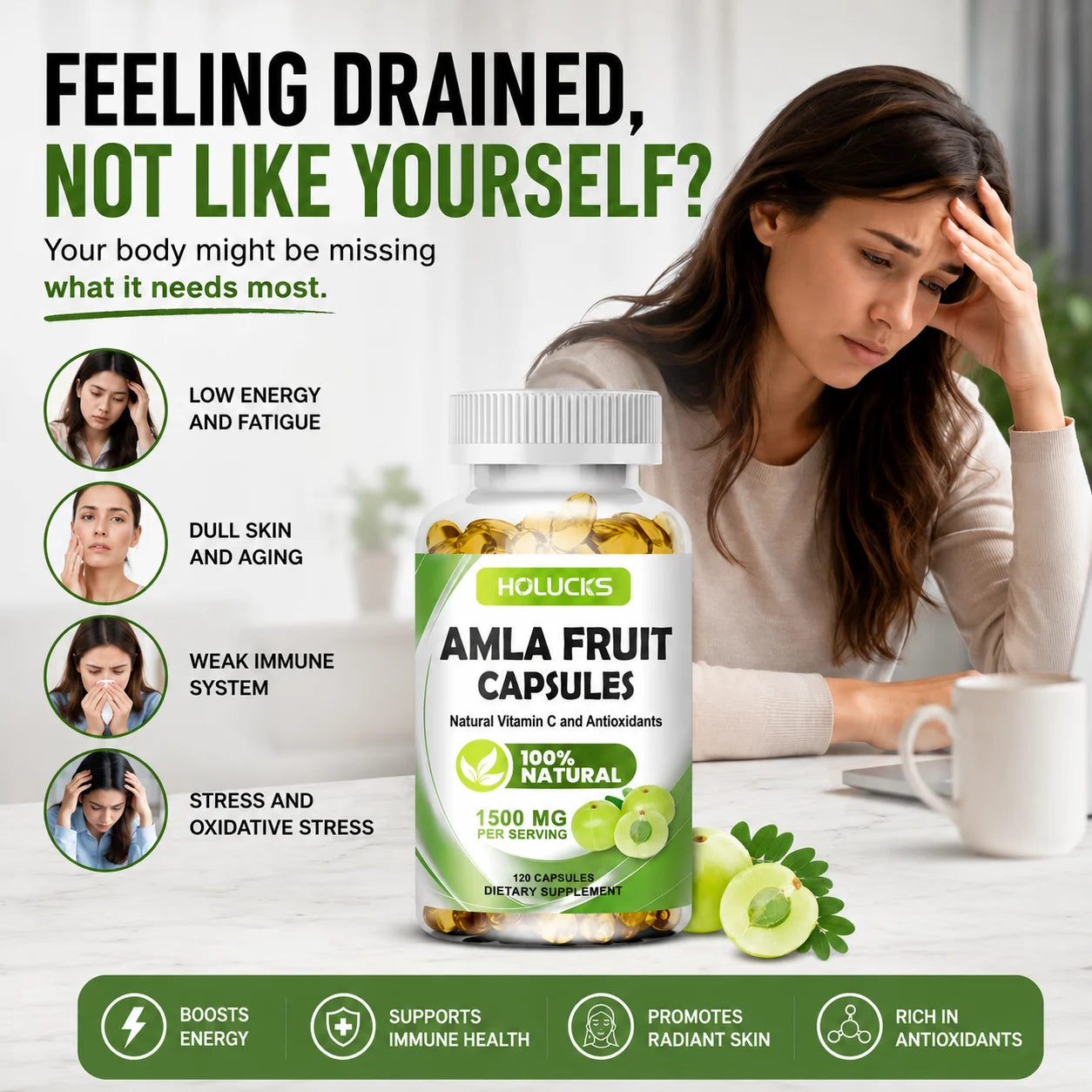HOLUCKS Amla Capsules, with Organic Amla, Immune & Cellular Energy Support, Rejuvenation, Antioxidant, for Detox & Digestion