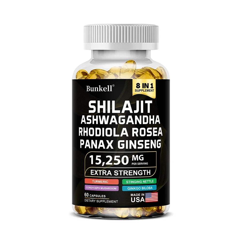 15250mg Shilajit Capsules 8-in-1 with Ashwagandha Ginseng Rhodiola Turmeric - Energy Brain Muscle Joint Health Immune Support