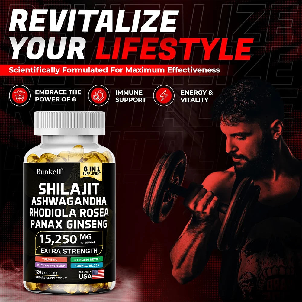 15250mg Shilajit Capsules 8-in-1 with Ashwagandha Ginseng Rhodiola Turmeric - Energy Brain Muscle Joint Health Immune Support