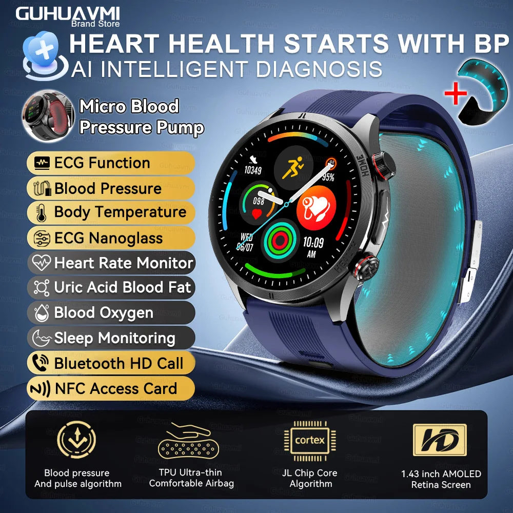 New Health Smart Watch Airbag Blood Pressure ECG+PPG AI Diagnosis Blood Lipid Uric Acid SOS Remote Care Smartwatch For Men Women