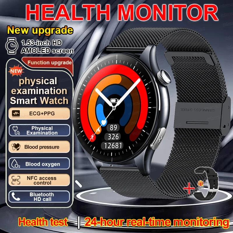 New Smart Watch for Men 1.43 inch Amoeld Screen Physical Examination Blood oxygen Pressure Fat Call Health ECG+PPG Smartwatch