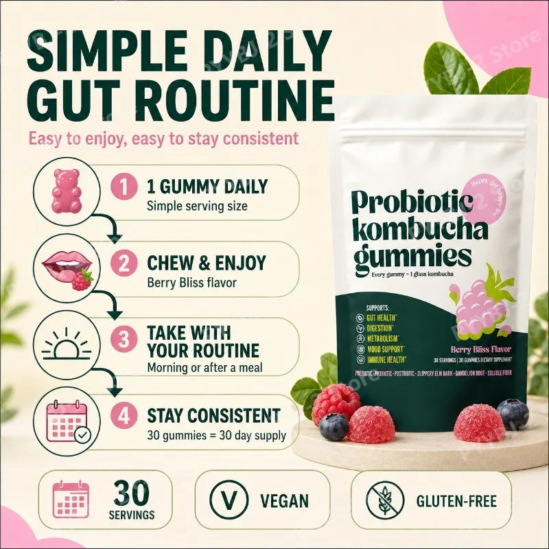 Probiotic Kombucha Gummies Help Digestive Health,Enhance Immunity and Improve Mood — Slippery Elm Bark & Dandelion Root 30 Count