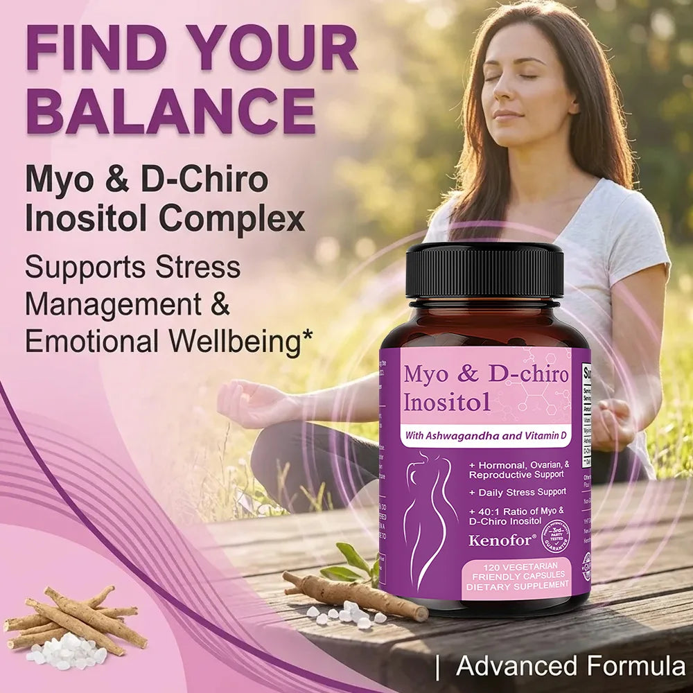 Inositol & Ashwagandha Capsules, Myo-Inositol with Vitamin D3, Ovarian & Hormone Balance, Nerve Health & Blood Sugar Support
