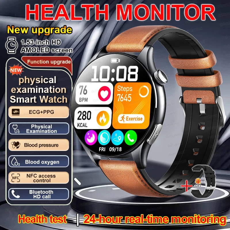 New Smart Watch for Men 1.43 inch Amoeld Screen Physical Examination Blood oxygen Pressure Fat Call Health ECG+PPG Smartwatch