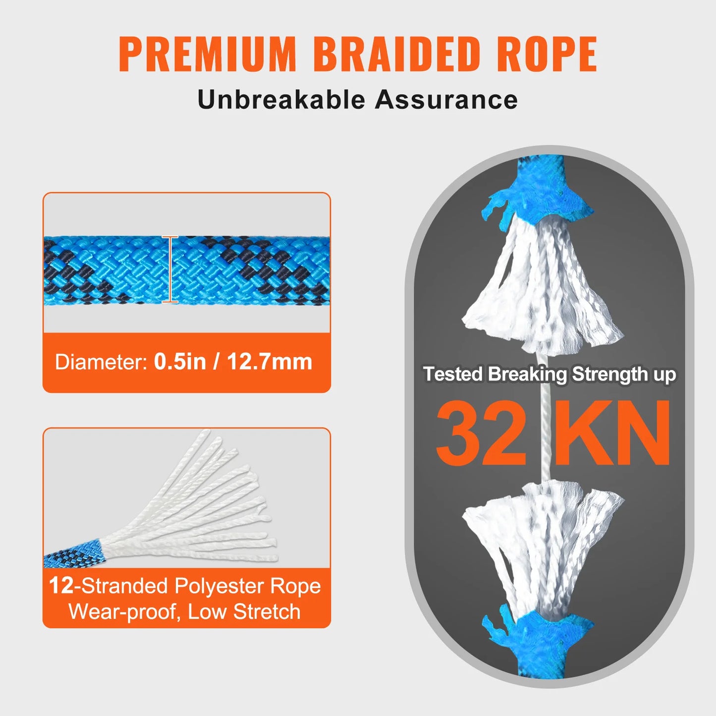 VEVOR 12.7mm Static Climbing Rope 30kN Breaking Strength