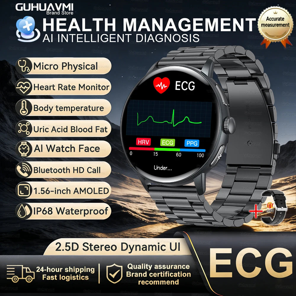 New AI-GPT Health Smart Watch AMOLED ECG Bluetooth Call Uric Acid Blood Lipids One-Click Micro Examination Men Women Smart Watch