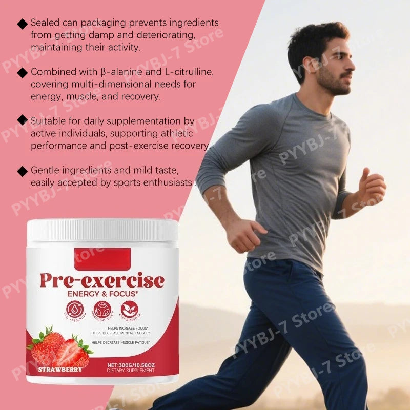 Pre-Workout Powder Energy and Focus Support Support Muscle Recovery Strawberry Flavor Daily Health Care 300g