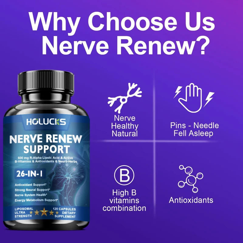 Nerve Renew Support Supplement, Alpha Lipoic Acid, Support Nervous System, Relieve Stress, Promotes Brain Function, Boost Energy