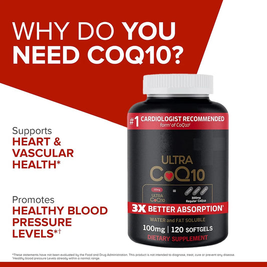 Ultra CoQ10 100mg Softgels, 3x Better Absorption, Antioxidant for Heart Health & Energy, Coenzyme Q10 Vitamins and Supplements
