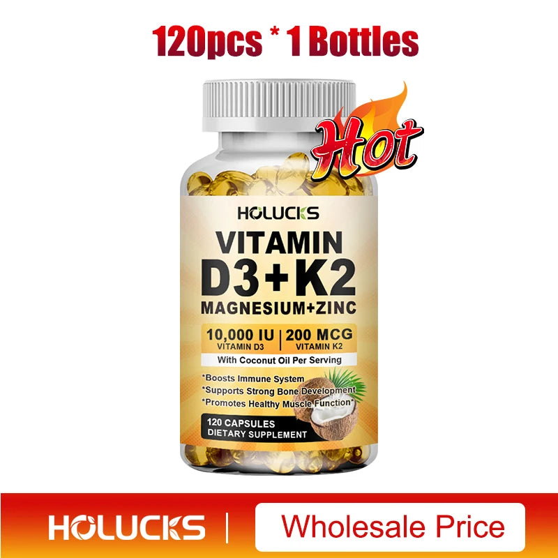 Vitamin D3 K2 Magnesium Zinc Complex, with Coconut Oil Support Nerve, Muscle, Heart, Bone and Dental Health, for Immune System
