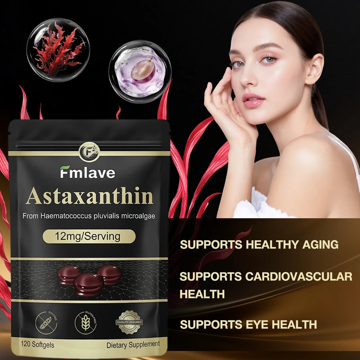 Fmlave Premium Astaxanthin 12mg, Natural Antioxidant Supplement for Eye, Joint, Skin Health,Microalgae Source, 120 Softgels