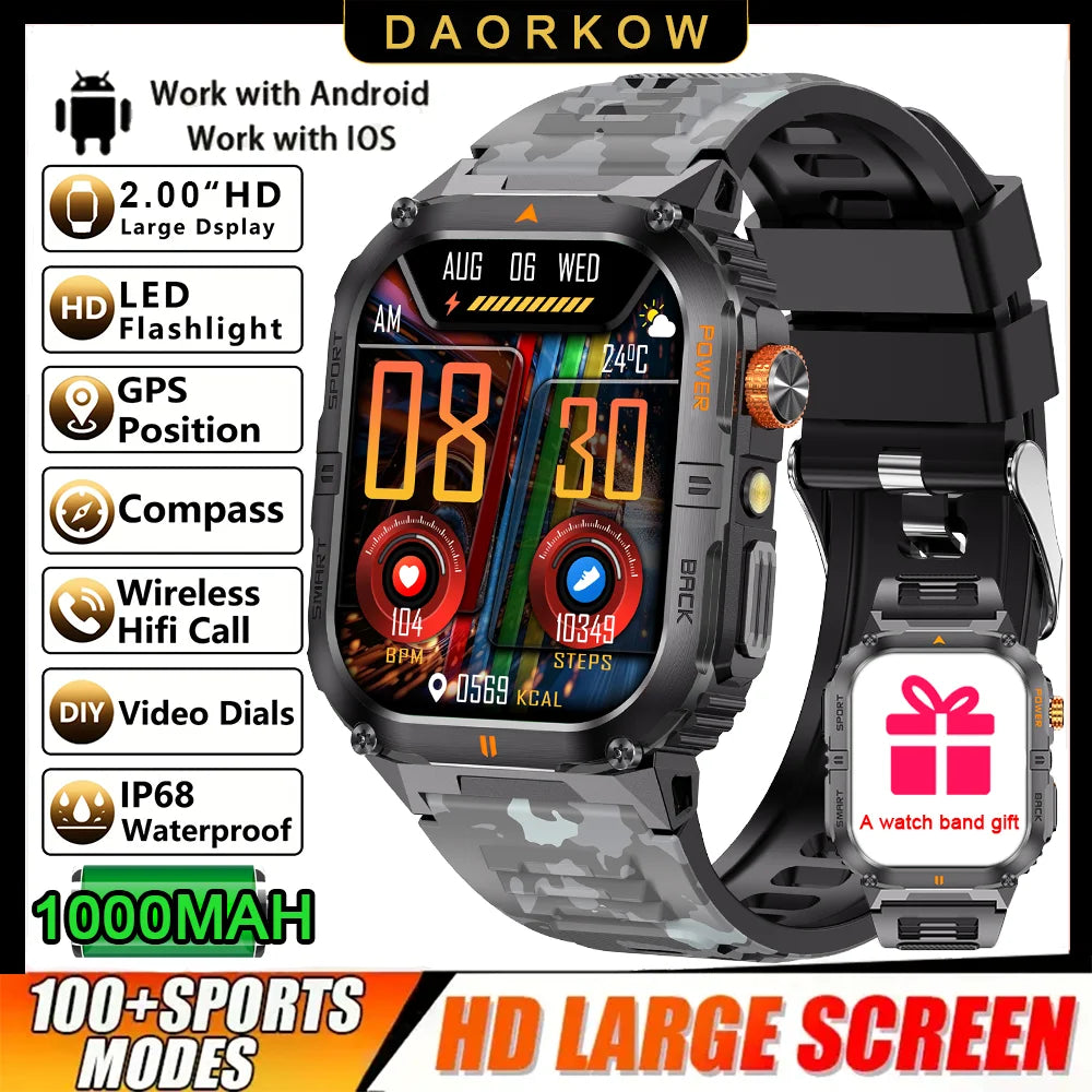 Outdoor Sport Smart Watch 2.00" 3ATM Waterproof LED Flashlight Answer Call 1000mAH Big Battery Health Fitness Tracker Smartwatch