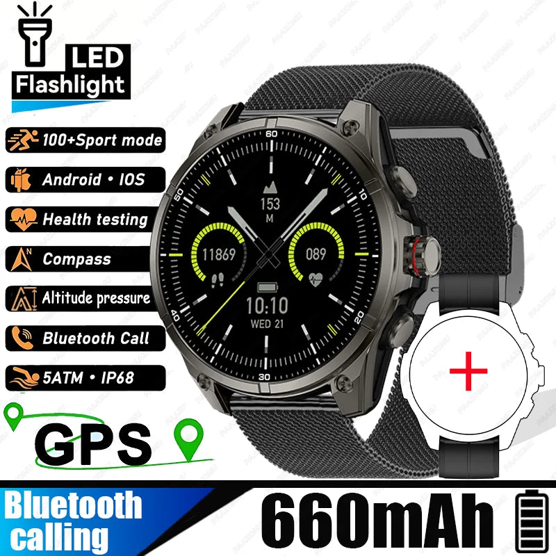 New Smart Watch GPS Sports Compass Altitude Air Pressure Blue Tooth Call 3ATM Waterproof Health AMOLED Screen Smartwatch 660 mAh