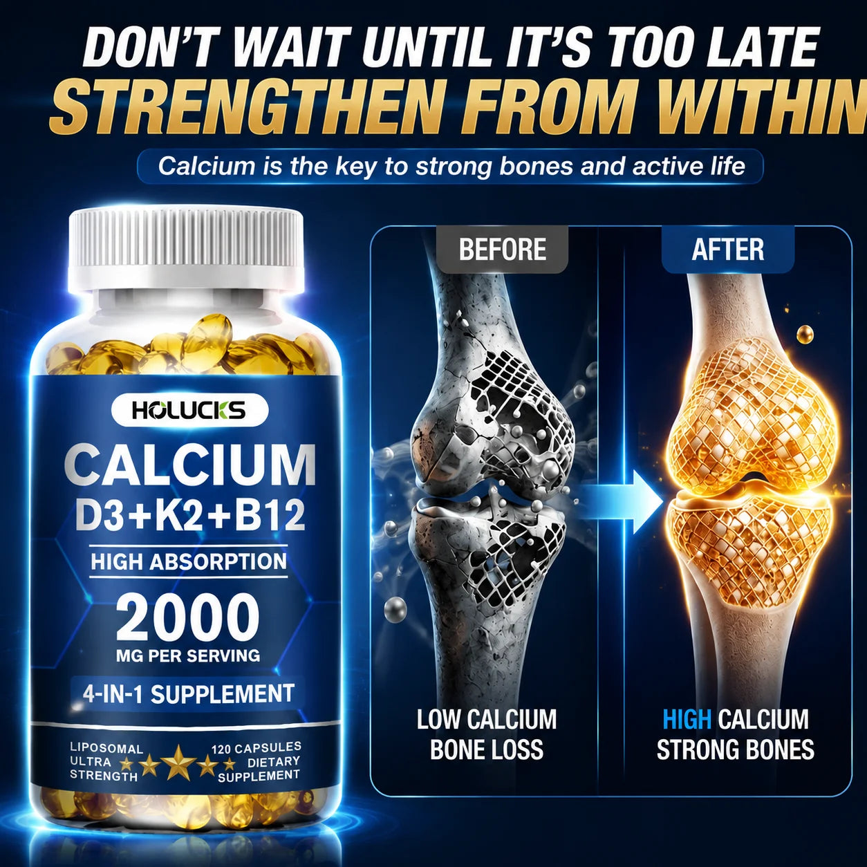 Calcium Supplements, with Vitamin D3 K2, Strong Bone Teeth Joints, Support Heart & Brain Health, for Immune System