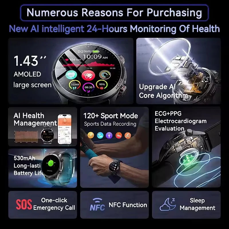 2026 New Air sac Health Smart Watch Men Blood Fat ECG Blood Pressure Broadcast NFC Bluetooth Call Health waterproof Smart Watch